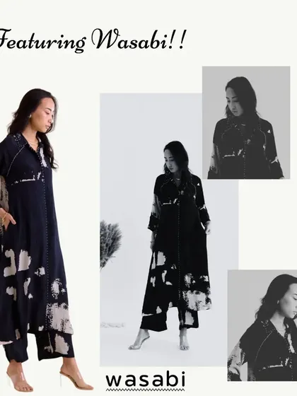 Featuring the Zia Raglon Co-ord Set. This ensemble showcases a long, front-open tunic with raglan sleeves, paired with matching pants in pure crepe. The hand embroidery on the collars, placket, and shoulders adds that touch of elegance.