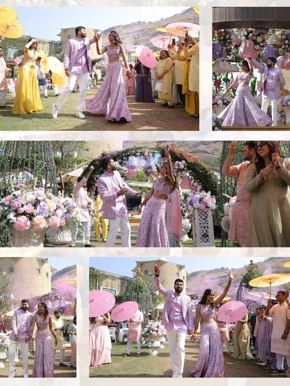 A collage of happy moments from a wedding carnival, showing the couple's grand entrance, dancing, and candid fun with guests.