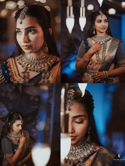 A four-panel collage showcasing the bride's stunning reception look, with dramatic blue lighting.