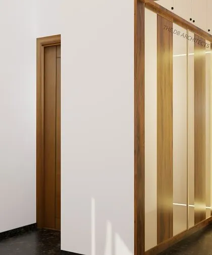 This 3D view shows the wardrobe design for the parents' bedroom, featuring simple vertical panels with integrated lighting. The design is clean, modern, and provides ample storage.