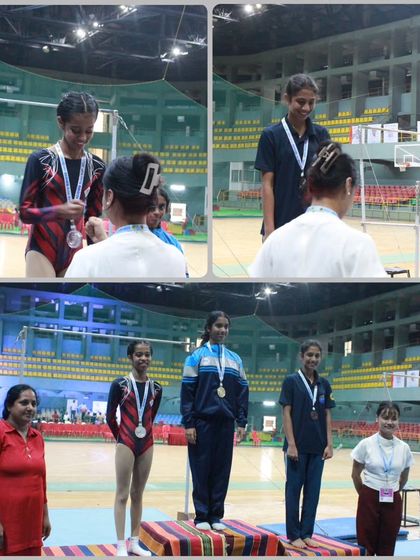 More moments of triumph from various competitions, showcasing our gymnasts with their medals, trophies, and proud coaches.
