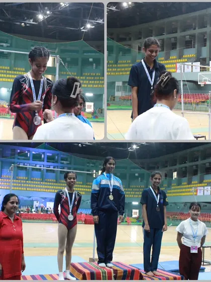 Our gymnasts on the podium at the Dasara competition. Navya secured a gold medal on the balance beam, a fantastic achievement.