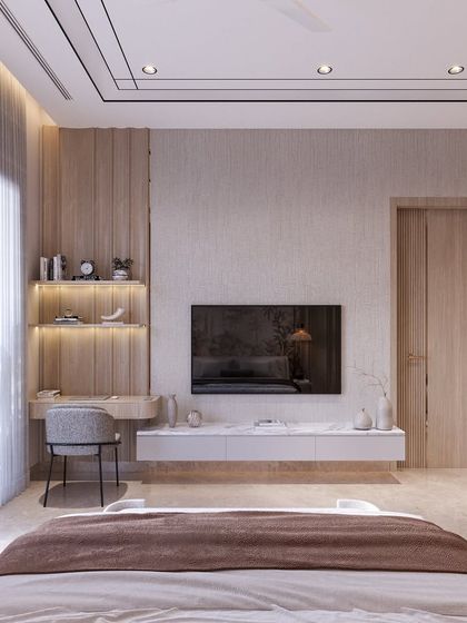 A bedroom concept featuring warm wood veneer paneling and a floating study desk. The design is clean and modern, with a focus on creating a calm and functional space.