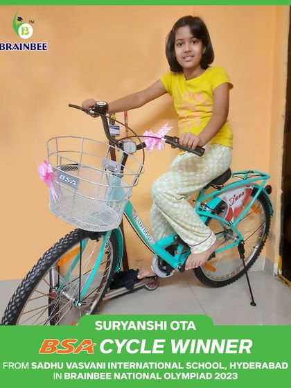 Suryanshi Ota from Sadhu Vaswani International School, Hyderabad, shines as a BSA Cycle winner in the 2023 Olympiad. Congratulations.