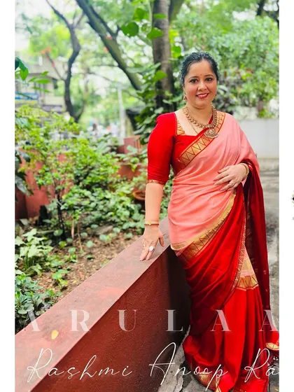 Hari Om! Dressed up for a special occasion in a beautiful two-toned saree, paired with a custom red blouse I designed.
