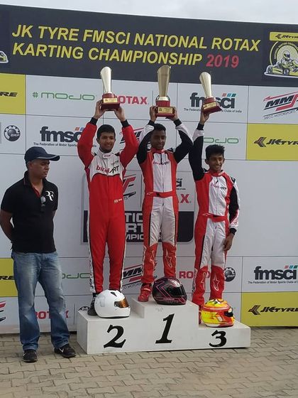 A complete podium lockout by Birel ART drivers at the JK Tyre FMSCI National Rotax Karting Championship 2019, a clear display of our team's superiority.