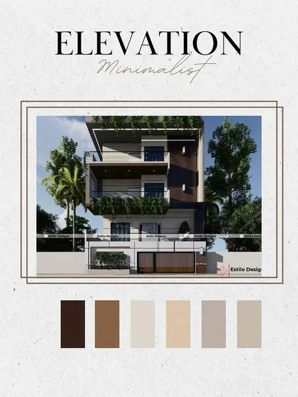 This graphic presents the minimalist concept and color palette for the Hosakerehalli residential project. It breaks down the key materials and neutral tones used to achieve a clean, modern, and timeless exterior.