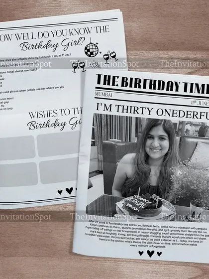 How well do your friends really know you? For this 31st birthday newspaper, I designed a custom quiz about the birthday girl. It’s a great icebreaker and adds a layer of interactive fun to the celebration.