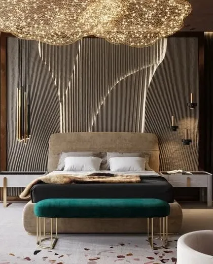 This moodboard image captures a modern approach to luxury bedroom design. The dramatic, undulating feature wall, paired with a cloud-like chandelier and a rich color palette, demonstrates how lighting and texture can be used to create a truly show-stopping space.