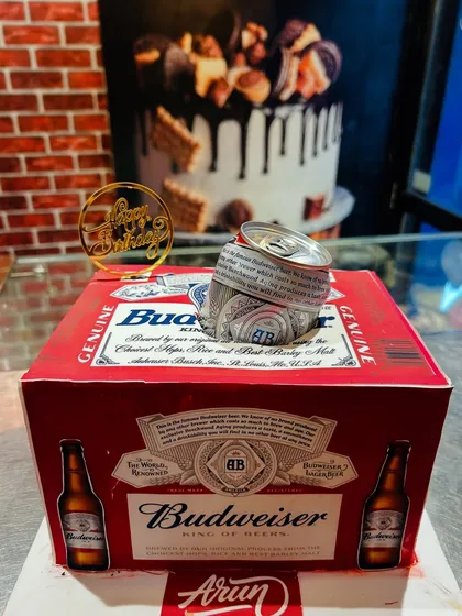 Another shot of the Budweiser beer carton cake, perfect for a beer lover's birthday.