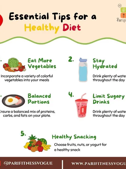 I provide five essential tips for a healthy diet. This includes eating more vegetables, staying hydrated, ensuring balanced portions, limiting sugary drinks, and choosing healthy snacks.