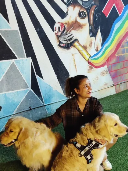 Two beautiful Golden Retrievers enjoying a moment with their human on our clean, mud-free turf. Our play area is designed for safe and happy puppy socialization, complete with vibrant art that makes for great photos.