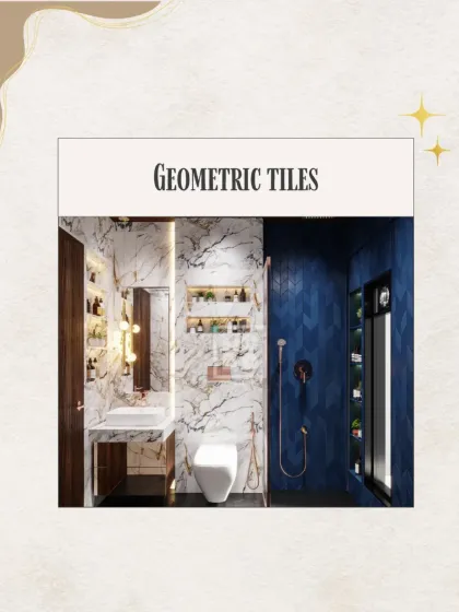 Geometric tiles are perfect for adding visual interest. In this bathroom, we used deep blue herringbone tiles to create a striking accent wall that contrasts beautifully with the white marble.