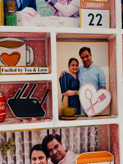 "Fuelled by Tea & Love." A close-up of the frame showing their love for chai and a miniature router, representing an inside joke and a symbol of their strong connection.