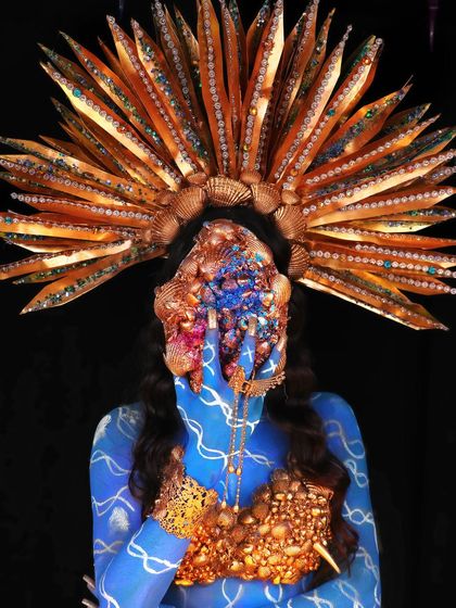 Amazing student work from our creative makeup course. This underwater-themed fantasy look uses body paint, prosthetics, and an elaborate headpiece to create a mythical creature.