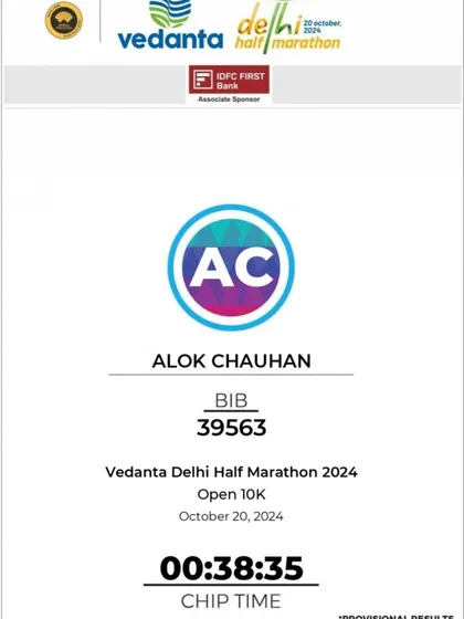 I don't just coach, I compete. This is my official chip time from the Vedanta Delhi Half Marathon 10K race. I practice the same discipline and race strategy that I teach to my athletes.