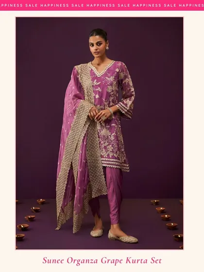 The Sunee Organza Grape Kurta Set is a sale must-have. This rich purple outfit with detailed embroidery is perfect for an evening celebration, and it's available now for a limited time.