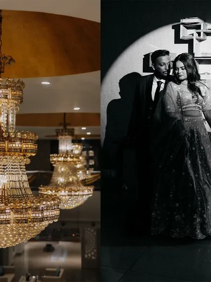 A diptych contrasting a grand chandelier with a classic black and white portrait of the couple, showcasing both decor and emotion.