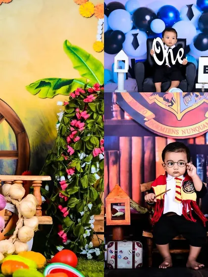 A collage of a farmer theme, a boss baby theme, and a Harry Potter theme.