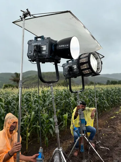 Our technicians adjusting the Nanlux 5000B and ARRI SkyPanel X on set. These modern fixtures offer advanced control via DMX or wireless apps.