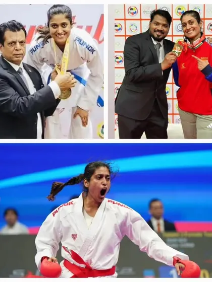 A collage celebrating Ms. Bhuvaneshwari Jadhav's historic bronze medal win in the -68 kg Kumite category at the 21st AKF Asian Senior Karate Championship. Her aggressive style and determination made India proud.