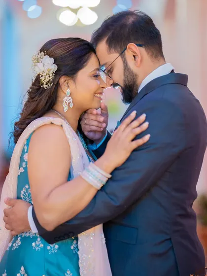 A classic romantic close-up. This shot of Saili and Jayant focuses on their emotional connection, capturing the intimacy of the moment.