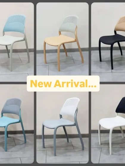This collage shows our high-quality, premium plastic chairs. They are stackable and available in multiple colors, making them perfect for food courts, cafes, and offices.