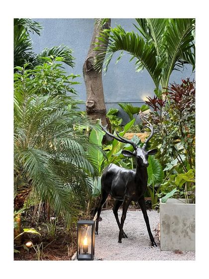A life-sized deer sculpture stands amidst the greenery at Peacock Life, adding a touch of the wild to the eclectic garden space.