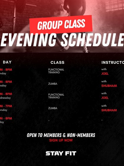 Join our group classes! This is a sample evening schedule for Functional Training and Zumba, open to both members and non-members.