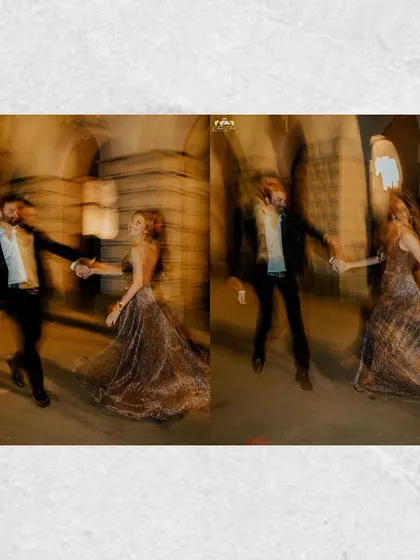 A dynamic motion-blur collage of the couple running and dancing, perfectly conveying the joy and excitement of their Mumbai night shoot.