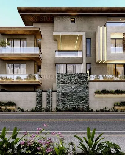 The street-facing elevation of the South City villa. The design uses a combination of stone cladding and cantilevered forms to create a facade that is both imposing and elegant.