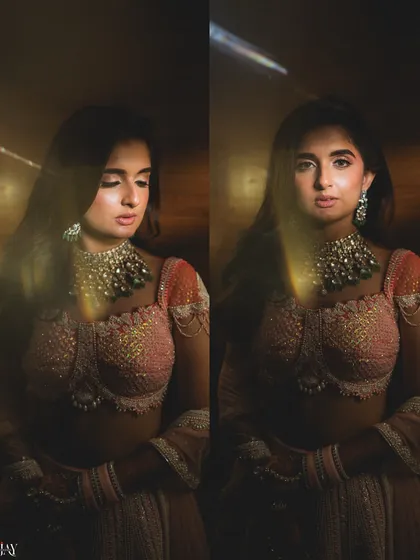 A diptych of artistic bridal portraits. The use of soft focus and light flares creates a dreamy, ethereal quality, focusing on the bride's expression and stunning jewelry.