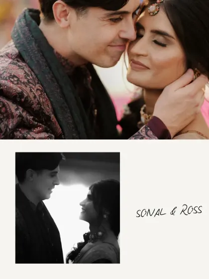 A collage of portraits from a Sangeet, capturing the couple's loving interactions. The black and white shots add a timeless, classic feel.