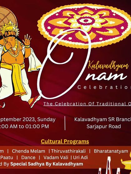 The official poster for our own 'Kalavadhyam Onam Celebrations', a day filled with cultural programs and a traditional Sadhya.