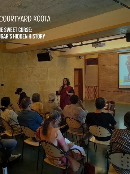 Pankhuri Agrawal delivering her talk on "The Sweet Curse: Sugar's Hidden History." The session was an insightful exploration of food, history, and culture.