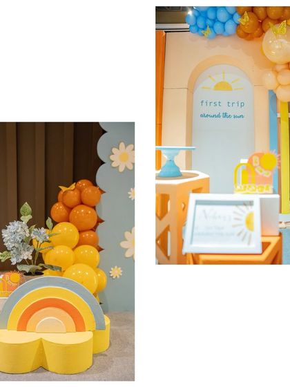 A duplicate image collage of the sunny and cheerful 'First Trip Around the Sun' party.