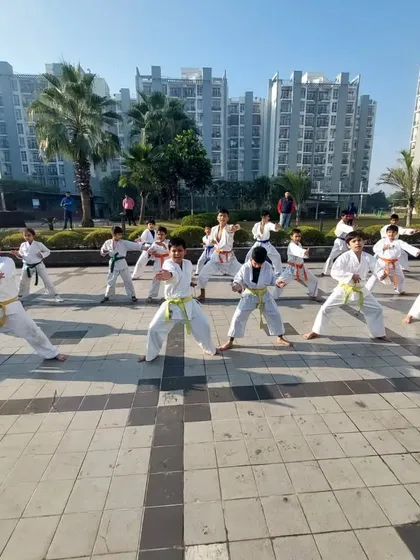 A group of young students, mostly with yellow belts, practicing their basic stances during an outdoor grading event.
