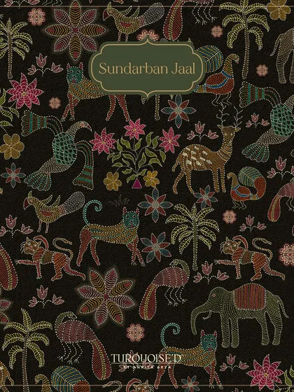 A close-up of the Sundarban Jaal wallpaper, inspired by the Kantha stitch of Bengal. Every element, from the prowling tiger to the delicate birds, is designed to look like intricate threadwork, telling a story of the wild on your walls.