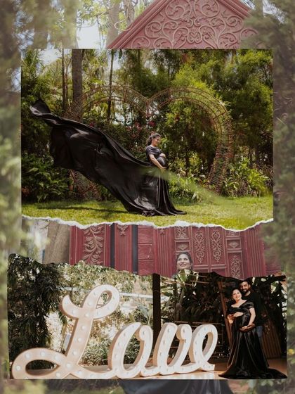 A collage showcasing a beautiful maternity story, from romantic couple shots to photos with their first child.