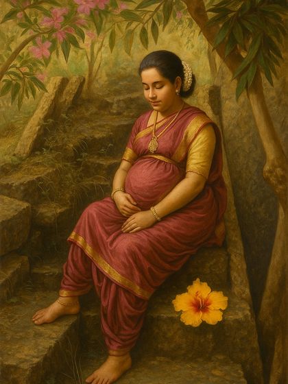 A serene portrait of a mother-to-be seated on stone steps, reminiscent of a classic painting. The traditional saree and natural setting create a peaceful and timeless image.