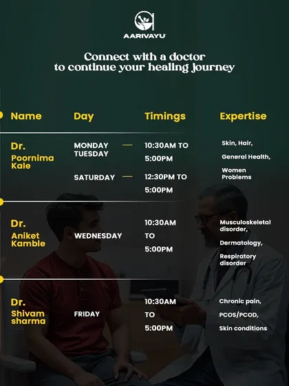 This is the daytime schedule for our Dadar branch, featuring doctors who specialize in skin, hair, general health, musculoskeletal disorders, and chronic pain.