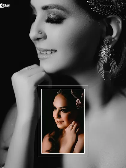 A creative black and white portrait of Tanya, with a smaller color photo inset, highlighting her beautiful smile.