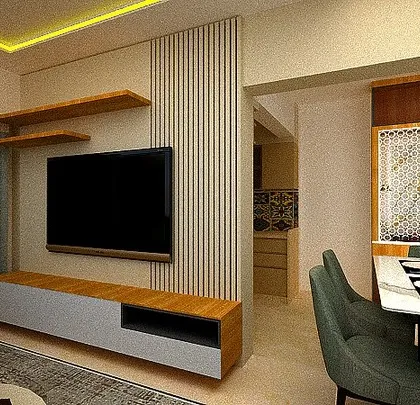 This 3D design shows a living room with a floating TV unit against a wall with vertical wood slats. The design is clean, modern, and incorporates open shelves for a personalized touch.