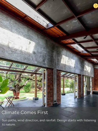 Climate comes first. This image of The Shell, with its open design and large overhangs, demonstrates our principle of designing in response to sun paths, wind direction, and rainfall.