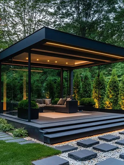 We create complete outdoor rooms that extend your living space. This freestanding glass-enclosed gazebo with integrated lighting and a solid roof serves as a stunning, all-season garden sanctuary for ultimate comfort and style.