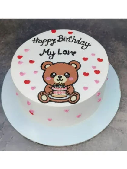 A sweet Korean-style bento cake with a chocolate truffle hazelnut flavor. The cute teddy bear illustration makes it a lovely and personal gift for a loved one.