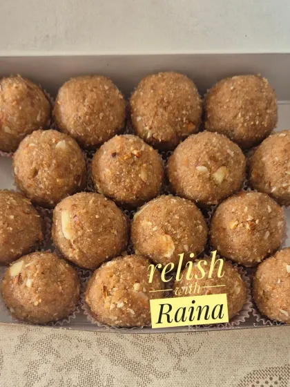 The coarse texture of these Choorma Laddoos is achieved through a special preparation of the whole wheat flour, making them distinct from other laddoos.