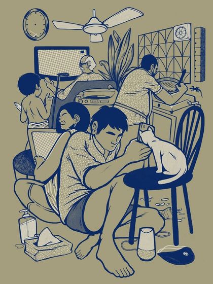 'A place with no personal space.' This conceptual piece, created during lockdown, illustrates the feeling of being in a congested Mumbai home where everyone shares a single space.