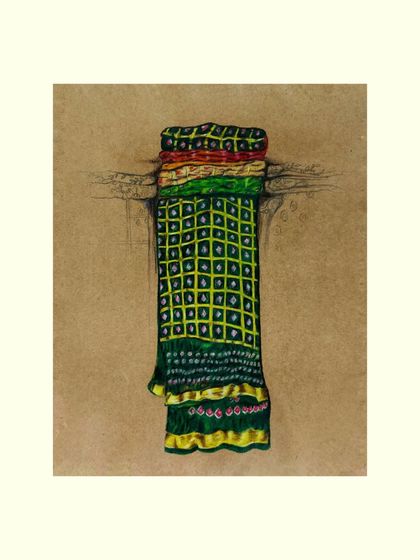 Titled 'Vastra', this piece is a detailed drawing of a folded saree, focusing on its intricate patterns and rich colors. I used colored pencils to bring out the texture of the fabric against the simple brown paper.