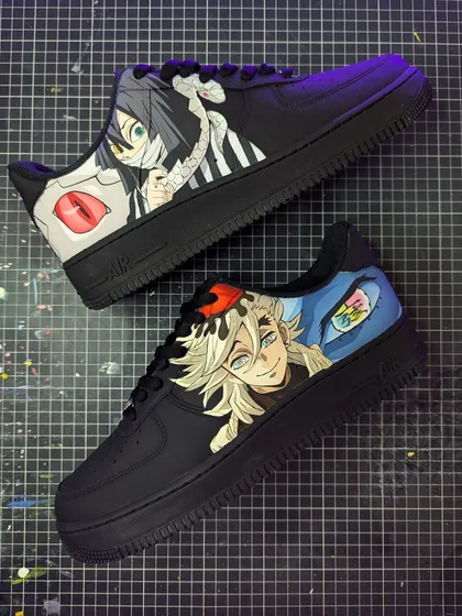 A full view of the Demon vs. Demon Slayer custom sneakers. Each shoe is dedicated to one character, creating a balanced and striking pair of anime kicks.